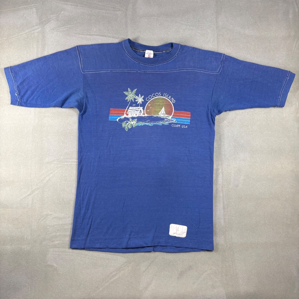 Vintage Soffe Athletic Cocos Island Guam USA T Shirt Single Stitch Blue Large